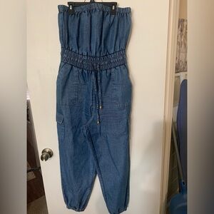Elastic-Waist Denim Blue Utility Jumpsuit